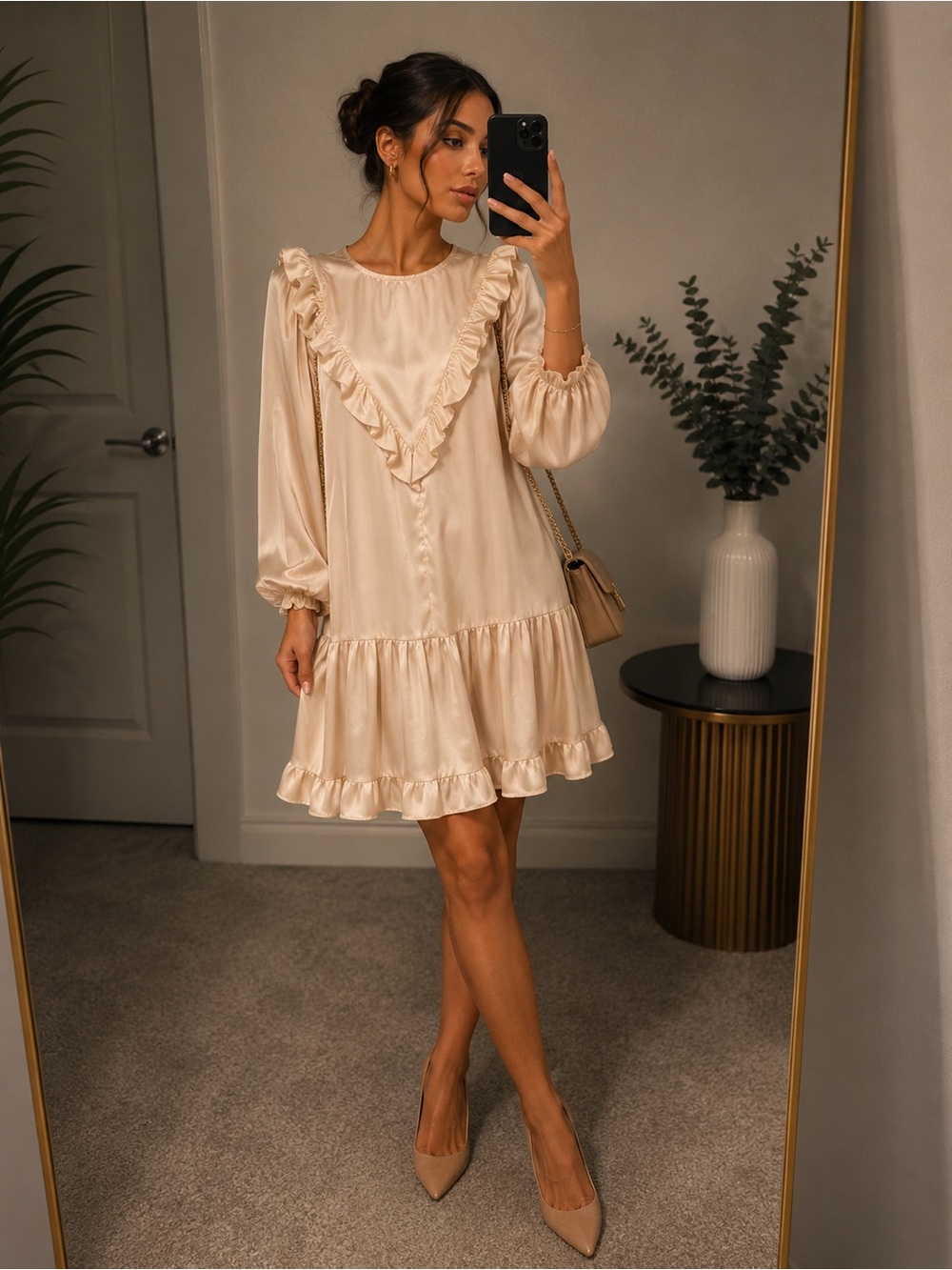 Anthro Pinch Cream Ruffled Long-Sleeve Mini Dress